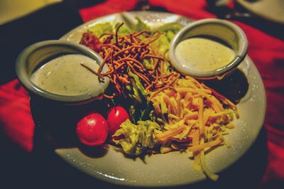 High angle view of food served on table