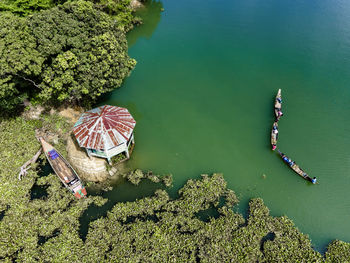 High angle view of boats in sea