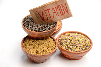 Close-up of bread in bowl against white background