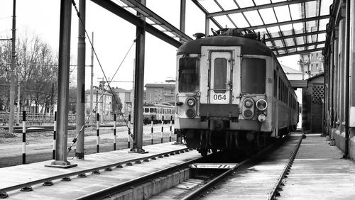 Train on railroad station platform against sky