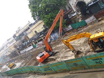 High angle view of construction site against sky