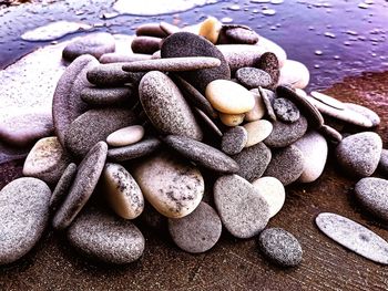 High angle view of stones on table