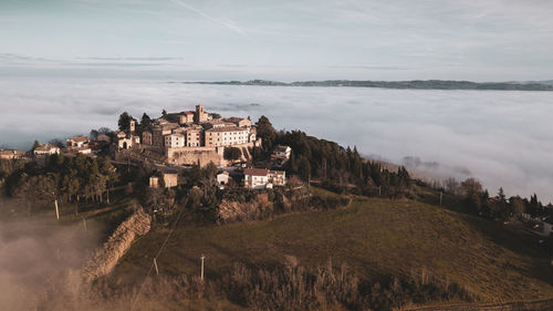 Aerial view of the medieval village of piticchio di arcevia in the province of ancona in the marche