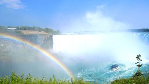 Scenic view of waterfall against sky