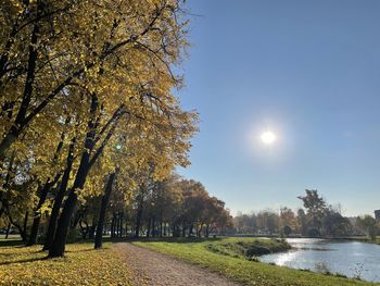 Trees by lake against sky during autumn