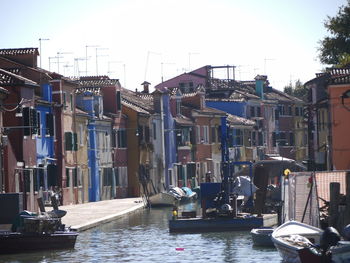 Buildings in city against clear sky