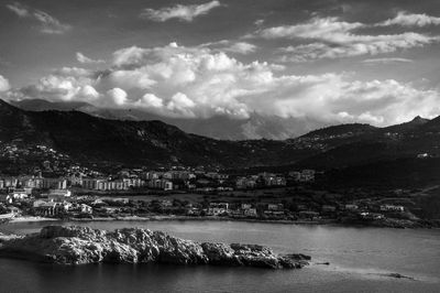 Scenic view of sea by buildings against sky