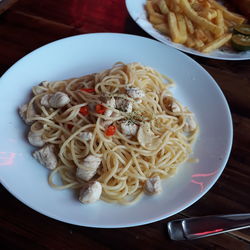 High angle view of noodles served in plate on table