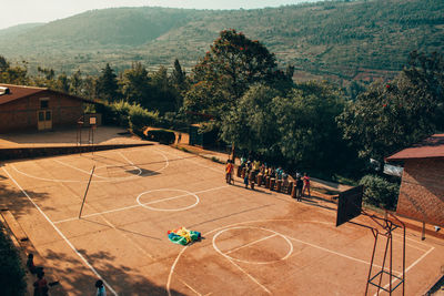 High angle view of basketball court