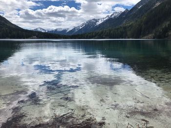 Scenic view of lake by mountains against sky