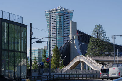 Low angle view of modern buildings against clear sky