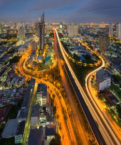 High angle view of traffic on road at night