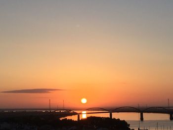 Silhouette bridge over sea against sky during sunset