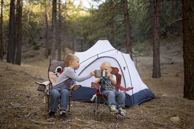 Siblings toasting mugs while sitting on chairs against tent in forest
