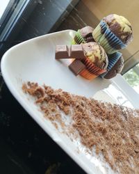 High angle view of cake in plate on table