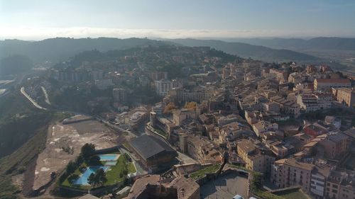 High angle shot of townscape against sky