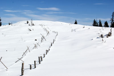 Scenic view of snow covered landscape against sky