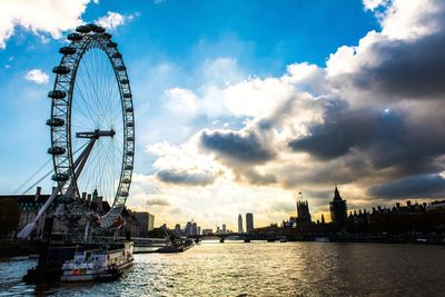 Ferris wheel in city against cloudy sky