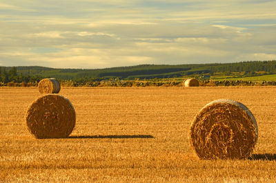 Hay bales on landscape against sky during sunset