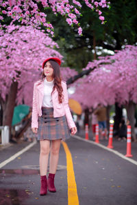 Full length of woman standing by pink flowering tree