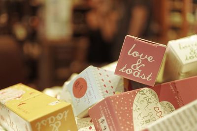 Close-up of text on shelf