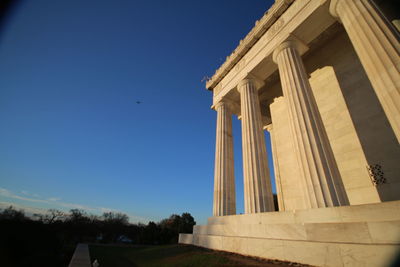 Low angle view of temple against clear blue sky