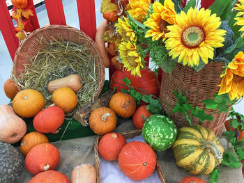 High angle view of various fruits in basket