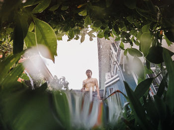 Low angle view of man spraying water on plants