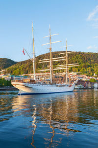 Boat sailing on river against clear blue sky