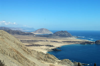 Scenic view of sea and mountains against blue sky