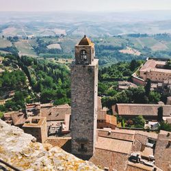 High angle view of a building / tower in small italian village 