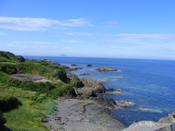 Scenic view of calm sea against cloudy sky