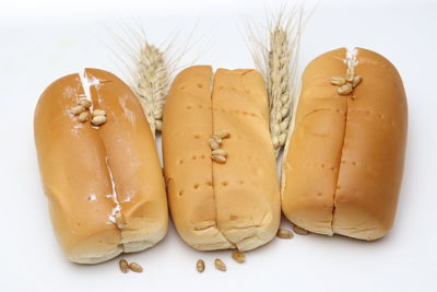 Close-up of bread on table against white background