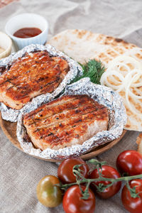 High angle view of food on table