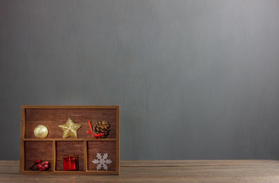Christmas ornaments on wooden table