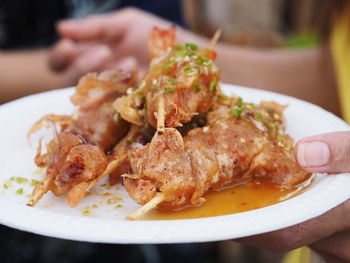 Close-up of person preparing food in plate