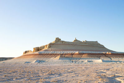 Low angle view of building against clear blue sky