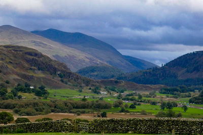 Scenic view of landscape and mountains against sky