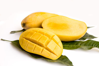 Close-up of orange fruit against white background