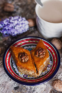 High angle view of breakfast in plate on table
