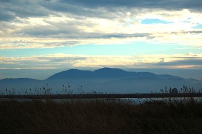 Scenic view of mountains against cloudy sky