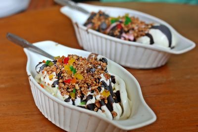 High angle view of dessert on table