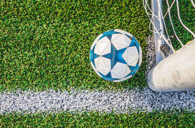 Soccer ball by net on playing field