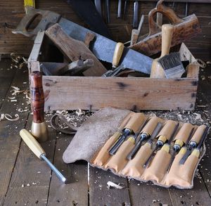 High angle view of tools on table