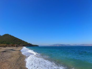 Scenic view of sea against clear blue sky