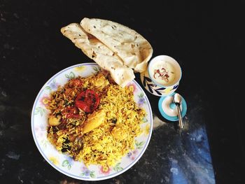 High angle view of breakfast served on table