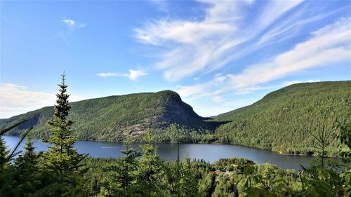 Scenic view of lake and mountains against sky