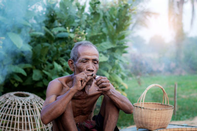 Portrait of man in basket