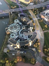 High angle view of cars on bridge in city