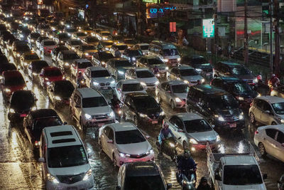 High angle view of traffic on street at night